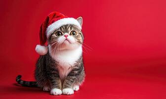 an Exotic Shorthair cat in a Santa hat, red background, empty space on the right photo
