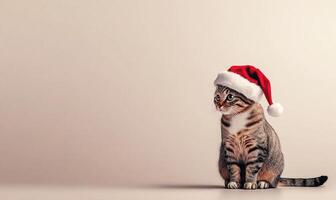 Cat wearing a Santa hat, soft beige background, empty space on the left photo