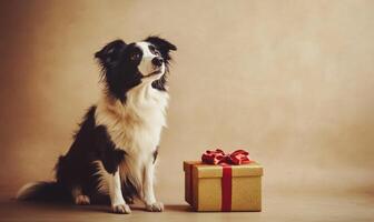 a Border Collie sitting in front of a golden Christmas present with a red bow, looking at the gift, neutral beige background photo
