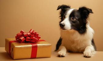 a Border Collie sitting in front of a golden Christmas present with a red bow, looking at the gift, neutral beige background photo