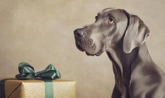a Great Dane sitting in front of a gold Christmas gift with a green ribbon photo