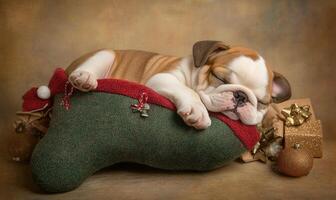 an English Bulldog puppy sleeping inside a Christmas stocking, green stocking with red trim photo