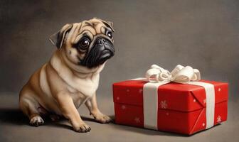 a Pug sitting in front of a red Christmas present with a white bow photo