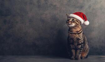 a cat in a Santa hat, sitting on a neutral gray background, empty space on the left side photo