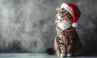 a cat in a Santa hat, sitting on a neutral gray background, empty space on the left side photo