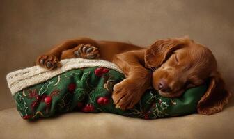 an Irish Setter puppy snuggled up in a green and white Christmas stocking photo