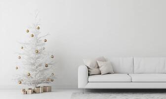 A white couch sits in front of a white wall with a Christmas tree in the corner photo