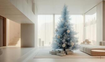 A blue Christmas tree sits in a living room with white walls photo