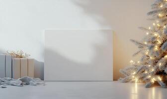 A white frame with a white background sits in front of a Christmas tree photo