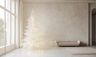 A white Christmas tree is lit up in a room with a couch and a table photo