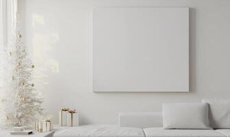 A white Christmas tree sits in front of a white wall with a large blank wall photo