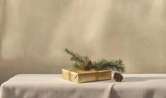 A gold wrapped box with a pine cone on top of it photo