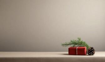 A red box with a pine cone on top of it photo