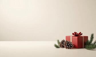 A red box with a red bow sits on a white background photo
