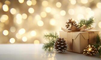 A gold box with a ribbon sits on a table with pine cones and twigs photo