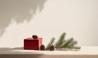 A red box with pine cones on top of it photo