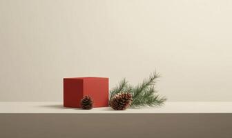 A red box with pine cones on top of it photo