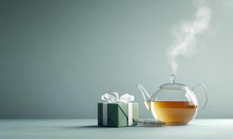 A green box with a white bow sits next to a teapot on a table photo