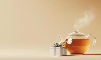 A tea pot with a tea bag in it sits on a table next to a silver box photo