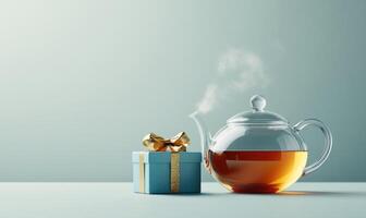 A tea kettle sits on a table next to a blue box with a gold bow photo