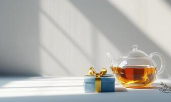 A teapot and a box of tea sit on a table in a room with a window photo