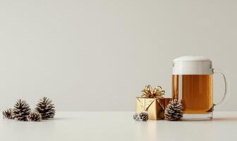 A mug of beer sits on a table with a few pine cones and a gold box photo