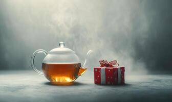 A red box with a red ribbon sits next to a teapot photo