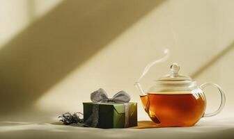 A green box with a bow sits next to a teapot photo