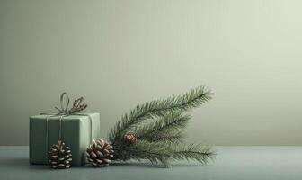 A green box with a bow on top sits on a table next to pine needles photo
