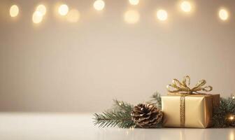 A gold box with a bow on top sits on a table with pine cones and twigs photo
