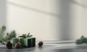 A green box with a pinecone on top of it is placed on a white background photo