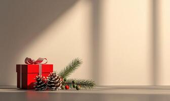 A red box with a ribbon sits on a table next to pine needles and berries photo