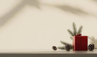A red box with pine cones and berries on a white background photo
