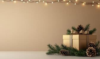 A gold box with a bow on top of a table with pine cones and lights photo