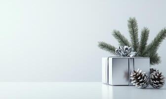 A silver box with a bow on top of it is surrounded by pine cones photo