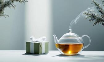 A tea pot with steam coming out of it sits on a table next to a green box photo
