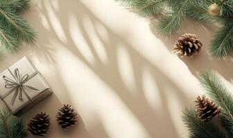 A white box with a bow on it sits on a table next to pine cones photo