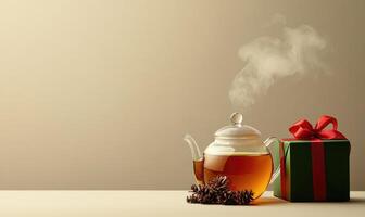 A teapot with steam coming out of it sits on a table next to a red box photo