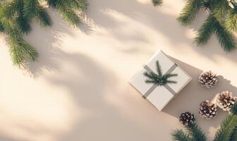 A white box with a green bow on top sits on a table with pine cones photo
