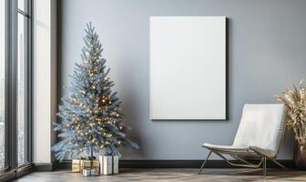 A white wall with a large empty frame and a blue Christmas tree in the corner photo