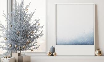 A white frame with a blue background and a Christmas tree in the foreground photo