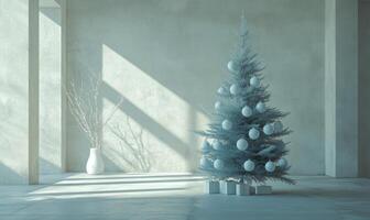 A white Christmas tree with white balls on it sits in a room with a window photo