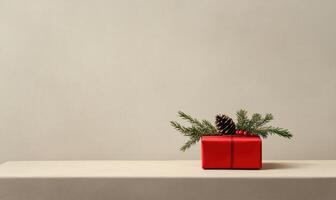A red box with a pine cone on top of it photo