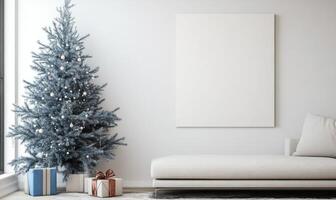A white wall with a large white picture frame and a blue photo
