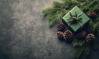 A green box with a bow on top of a table with pine cones photo