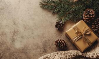 A gold box with a ribbon sits on a table with pine cones and a Christmas tree photo
