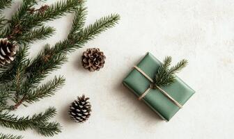 A green box with a ribbon on top sits on a white background with pine cones photo