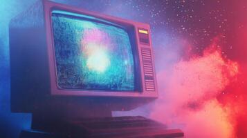 Retro Television with Static Screen and Confetti in a Smoky Setting photo
