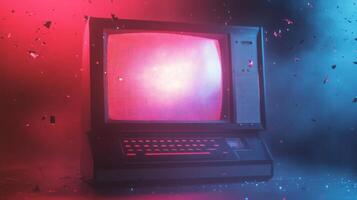 Retro Computer with Glowing Screen and Confetti photo