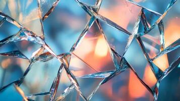 Abstract Close-up of Shattered Glass with Colorful Reflections photo